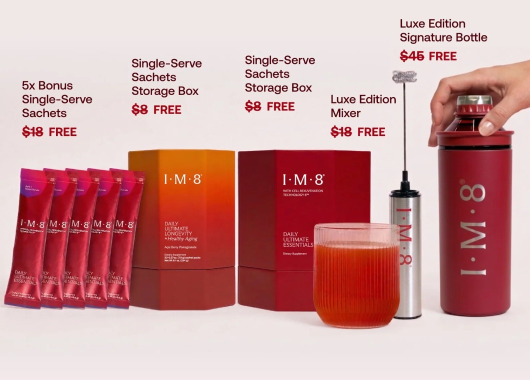 The complete pack: Essentials and Longevity boxes, bonus sachets, storage boxes, mixer and signature bottle
